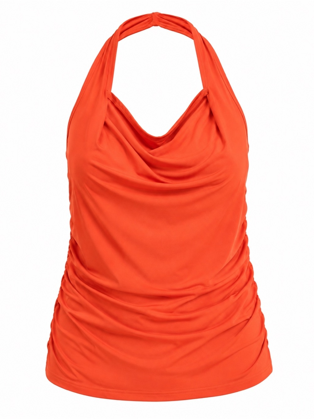 Orange Halter Cowl Neck Ruched Tank Top Fits Like 1X Stretch Summer Blouse